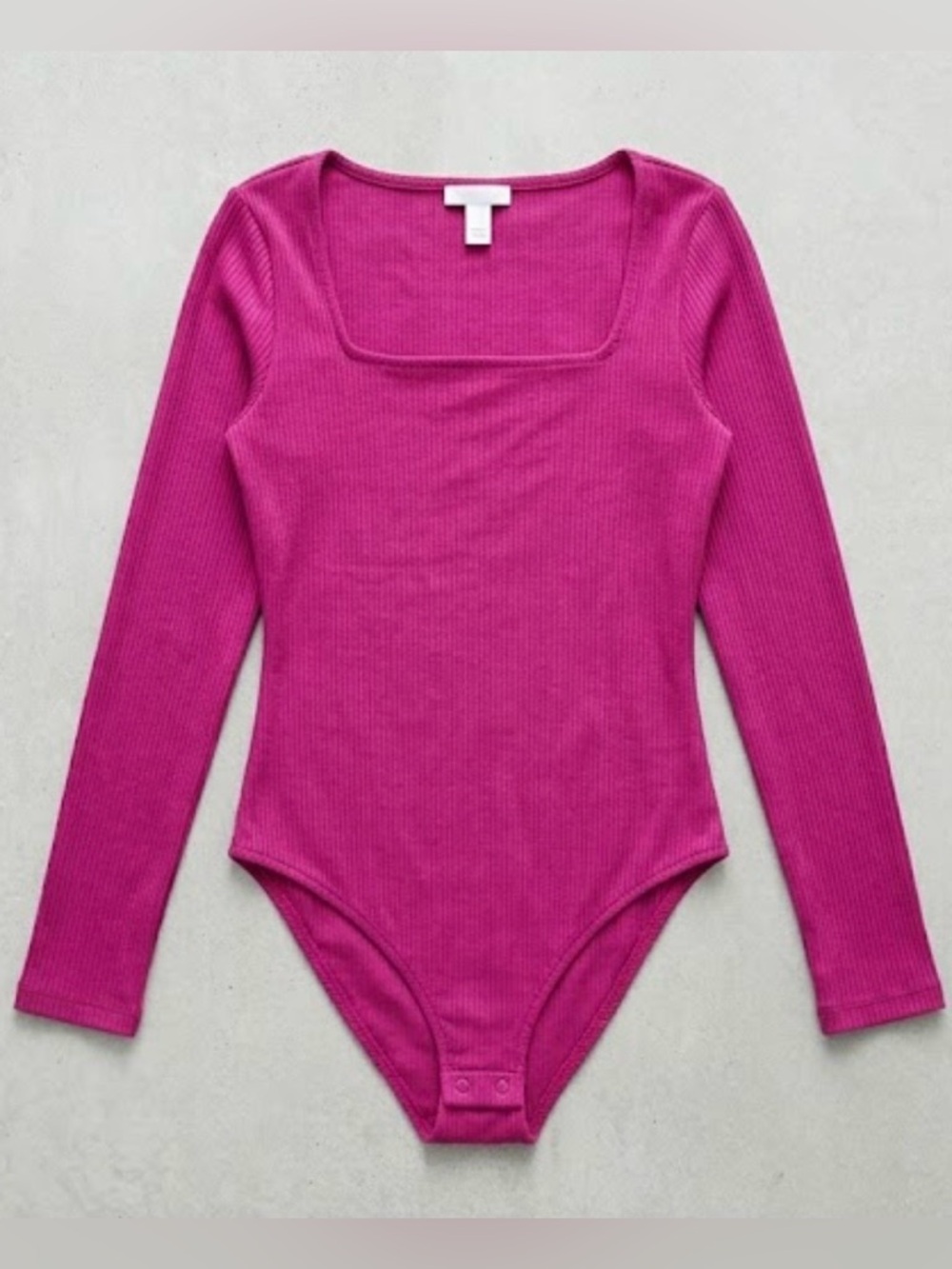 Vibrant Magenta Ribbed Bodysuit | Square Neck Long Sleeve | xs | Old Navy